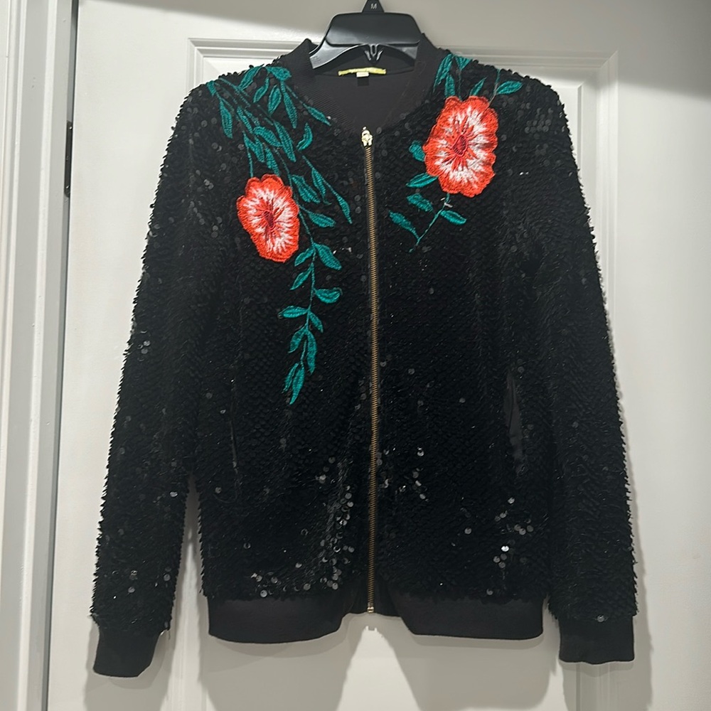 Gianni Bini Black Sequin Bomber Jacket with Red Floral Embroidery